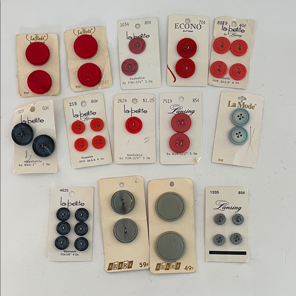 Vintage Red and Gray Button Collection on cards
